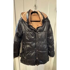 YMI Shiny Black Quilted Puffer Coat with detachable hood